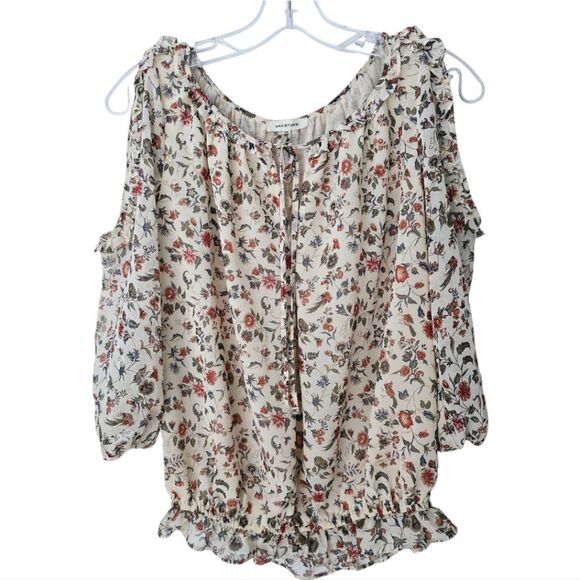 Max Studio -602 Georgette Elbow Sleeve Cold Shoulder‎ Blouse Cream Floral XS - Picture 3 of 12